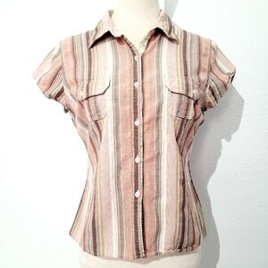 Vintage Qüizz & Co. Women's Striped 100% Cotton Blouse Size Large Cap Sleeve